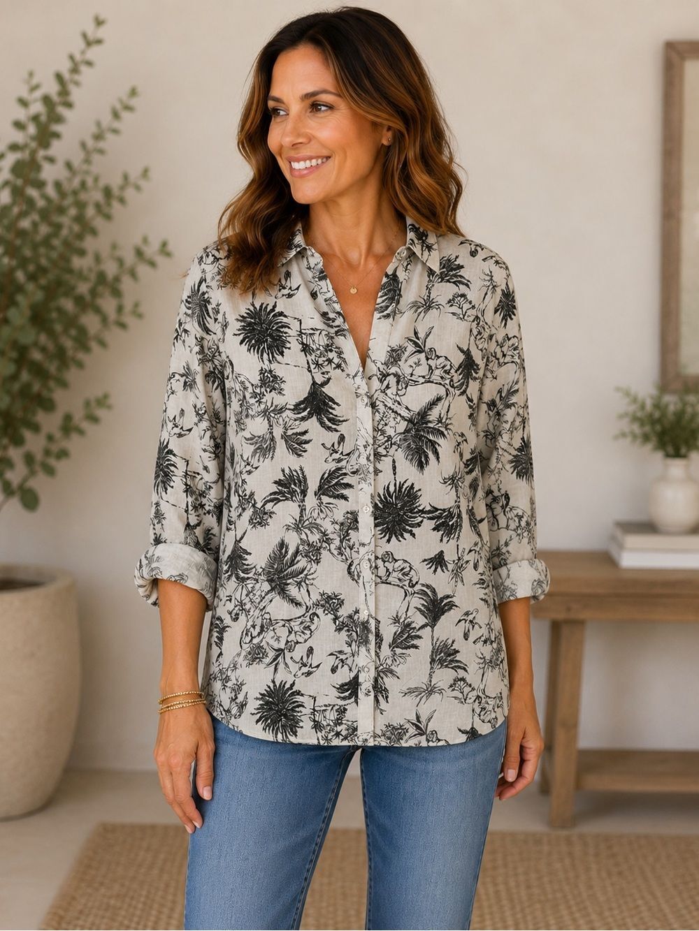 Joie Black And Cream Linen Tropical Jungle Print Button Down Shirt Size L